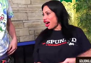 Tanned beauty finally gives in to her urges