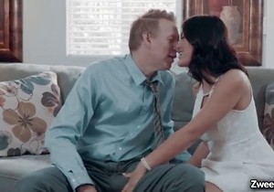 Brunette grabbing him by the cock and riding him