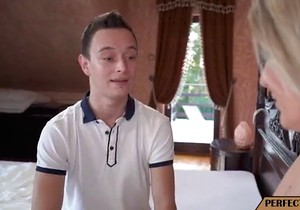 Blond-haired beauty with big boobs gets throated